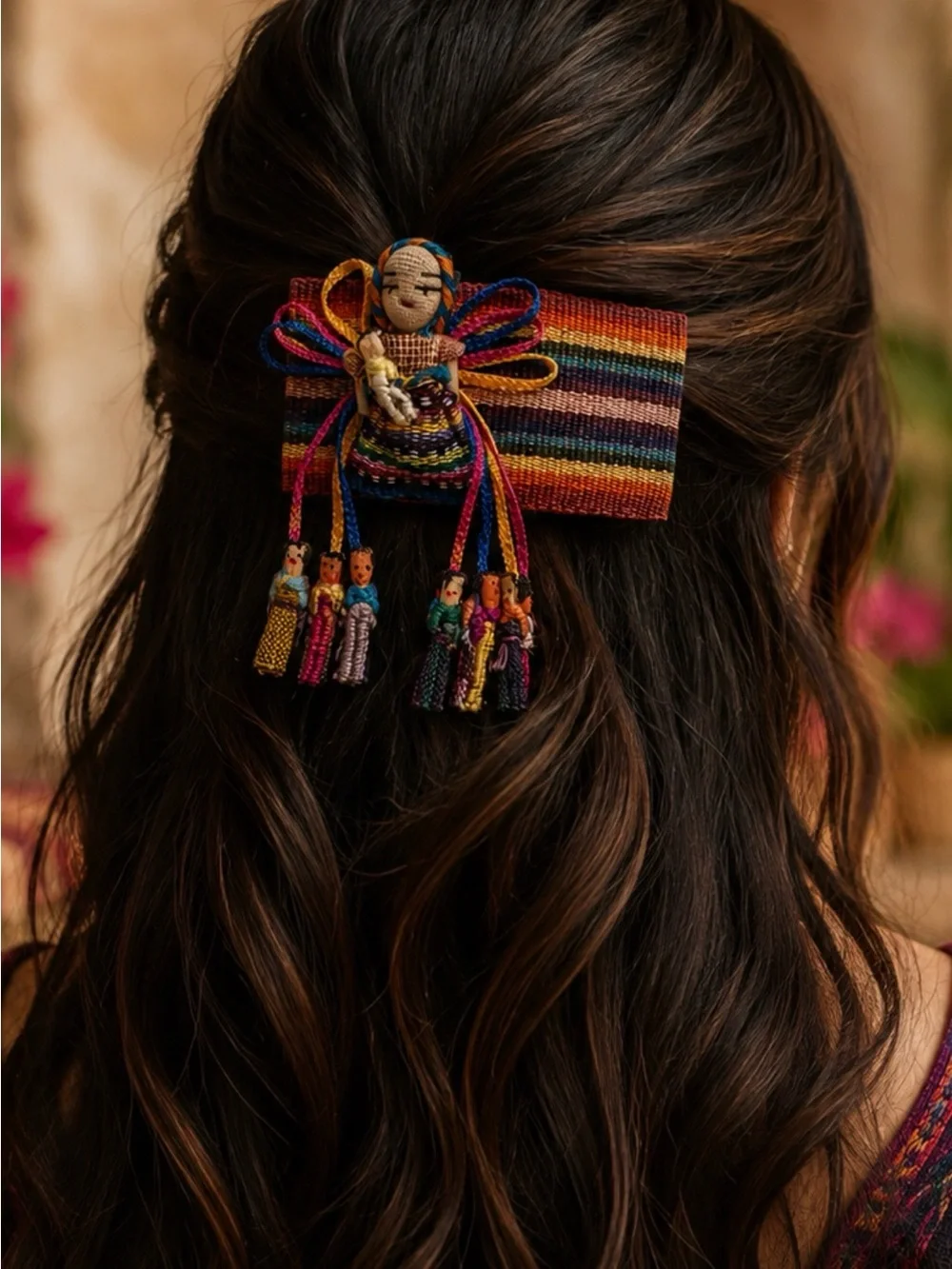 Handwoven Artisan Worry Doll Guatemalan Textile Hair Barrette with Doll Accent